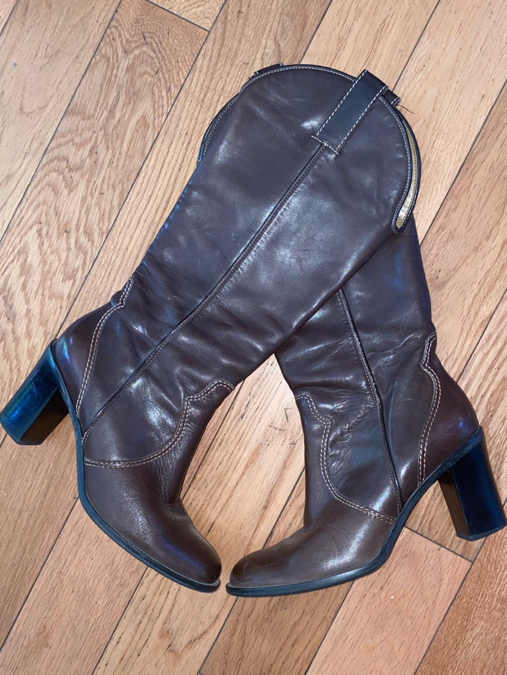 Franco Sarto Dark Brown Leather Mid-Calf Heeled Cowboy Style Boots